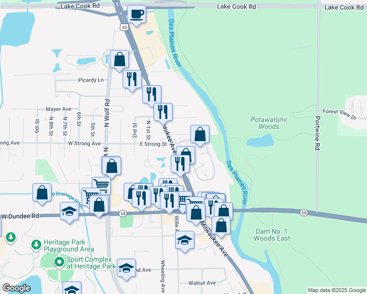 map of restaurants, bars, coffee shops, grocery stores, and more near 300 Kingswood Lane in Wheeling