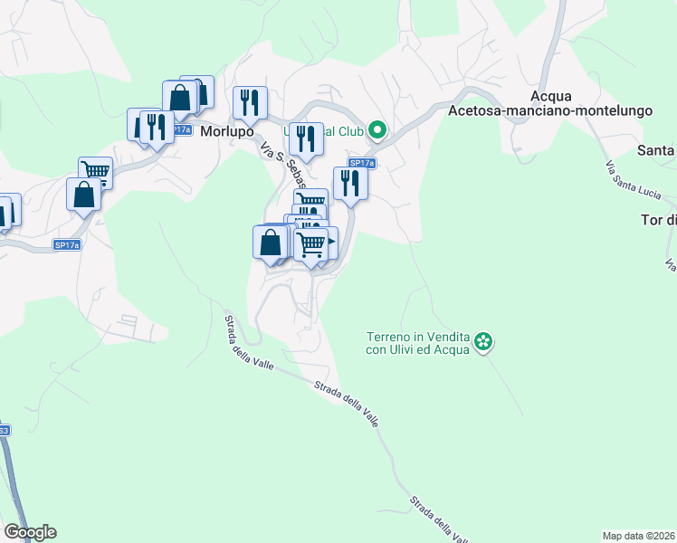 map of restaurants, bars, coffee shops, grocery stores, and more near 31 Via Fontana Fuori in Morlupo