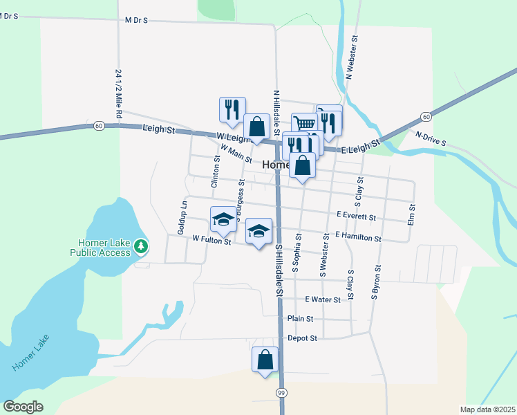 map of restaurants, bars, coffee shops, grocery stores, and more near 215 West Everett Street in Homer