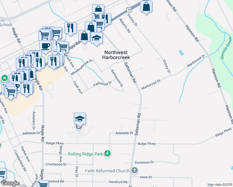 map of restaurants, bars, coffee shops, grocery stores, and more near 2314 Hunters Ridge Dr in Erie