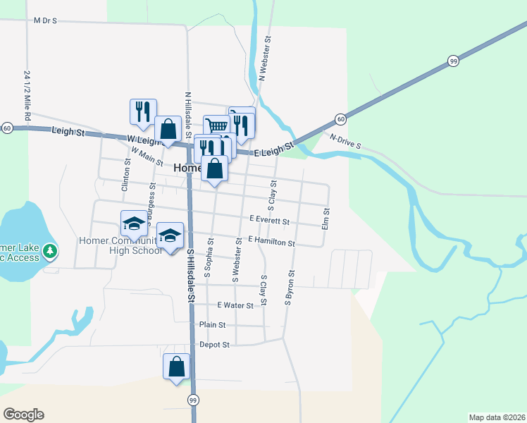 map of restaurants, bars, coffee shops, grocery stores, and more near 216 East Everett Street in Homer
