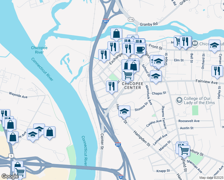 map of restaurants, bars, coffee shops, grocery stores, and more near 6 Park Street in Chicopee