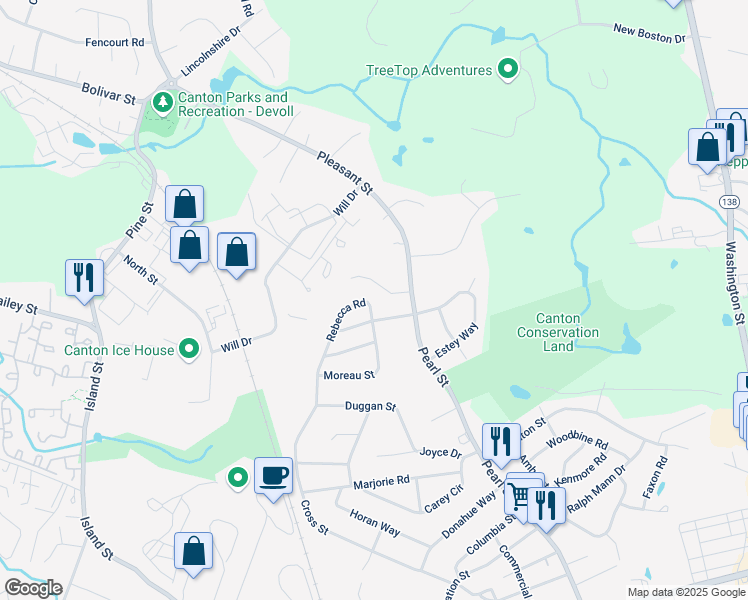 map of restaurants, bars, coffee shops, grocery stores, and more near 5 Rebecca Rd in Canton
