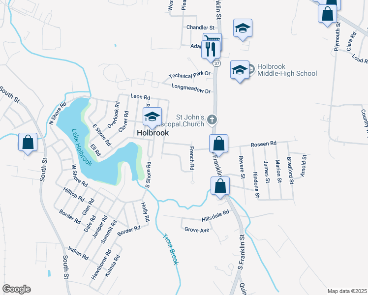 map of restaurants, bars, coffee shops, grocery stores, and more near 4 Thornton Road in Holbrook