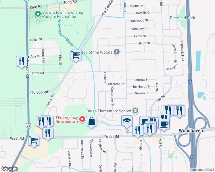 map of restaurants, bars, coffee shops, grocery stores, and more near 22531 Hillcrest Drive in Trenton
