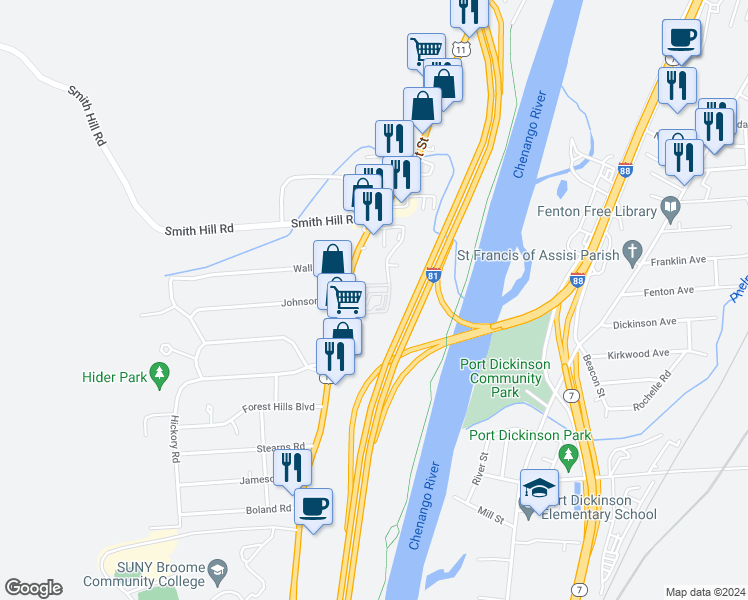 map of restaurants, bars, coffee shops, grocery stores, and more near 17 Riverview Lane in Binghamton