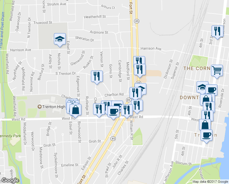 map of restaurants, bars, coffee shops, grocery stores, and more near 2551 Gorno Street in Trenton