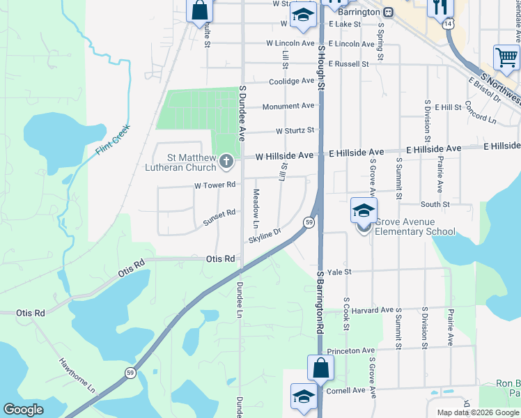map of restaurants, bars, coffee shops, grocery stores, and more near 813 Meadow Lane in Barrington