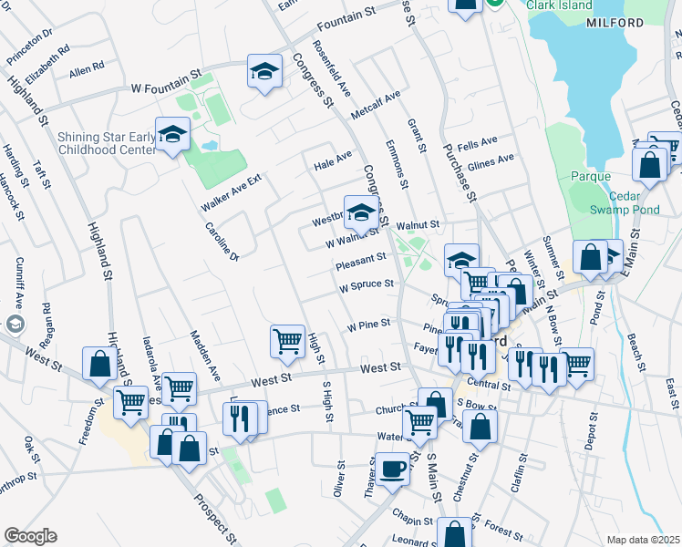 map of restaurants, bars, coffee shops, grocery stores, and more near 30 Pleasant Street in Milford
