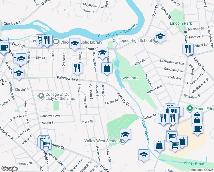 map of restaurants, bars, coffee shops, grocery stores, and more near 320 Fairview Avenue in Chicopee