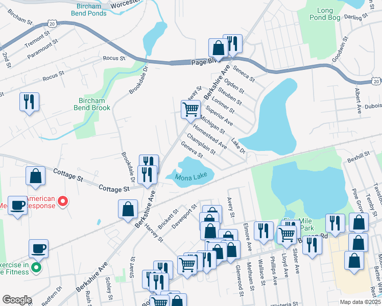 map of restaurants, bars, coffee shops, grocery stores, and more near 42 Geneva Street in Springfield