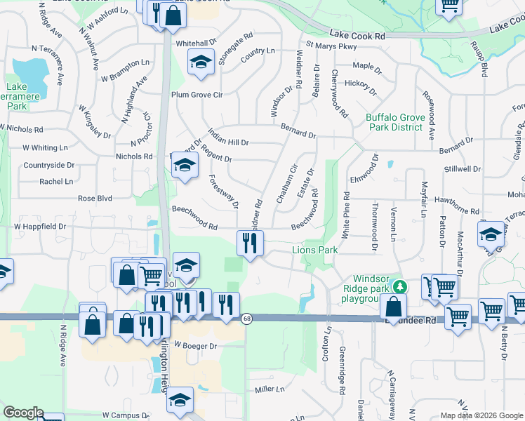map of restaurants, bars, coffee shops, grocery stores, and more near 567 Weidner Road in Buffalo Grove