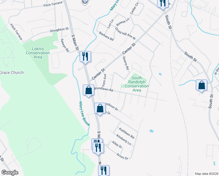 map of restaurants, bars, coffee shops, grocery stores, and more near 20 Woodlawn Road in Randolph
