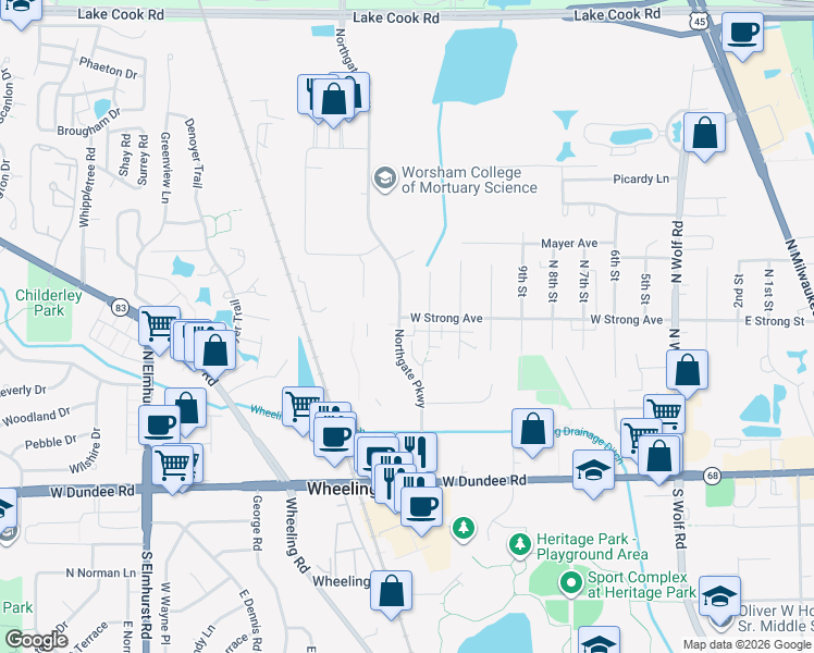 map of restaurants, bars, coffee shops, grocery stores, and more near 271 Northgate Parkway in Wheeling