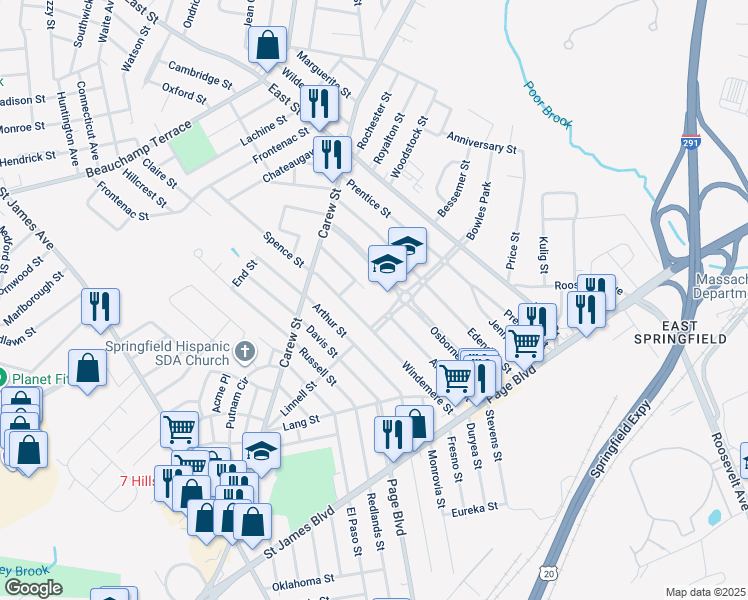 map of restaurants, bars, coffee shops, grocery stores, and more near 24 Bowles Park in Springfield