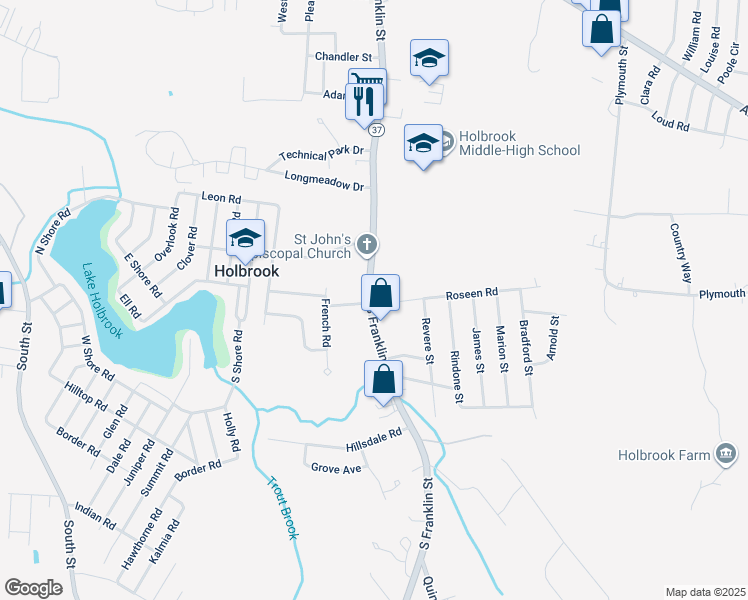 map of restaurants, bars, coffee shops, grocery stores, and more near 355 South Franklin Street in Holbrook