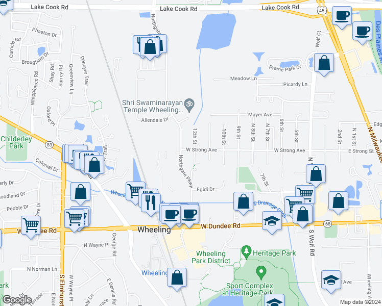 map of restaurants, bars, coffee shops, grocery stores, and more near 270 12th Street in Wheeling