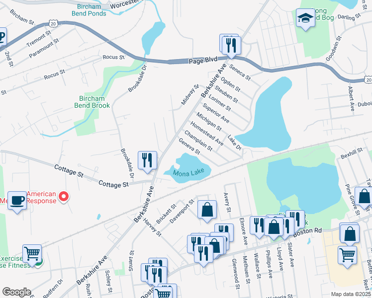 map of restaurants, bars, coffee shops, grocery stores, and more near 42 Geneva Street in Springfield