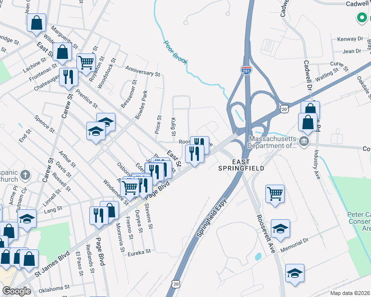 map of restaurants, bars, coffee shops, grocery stores, and more near 33 Rathbun St in Springfield