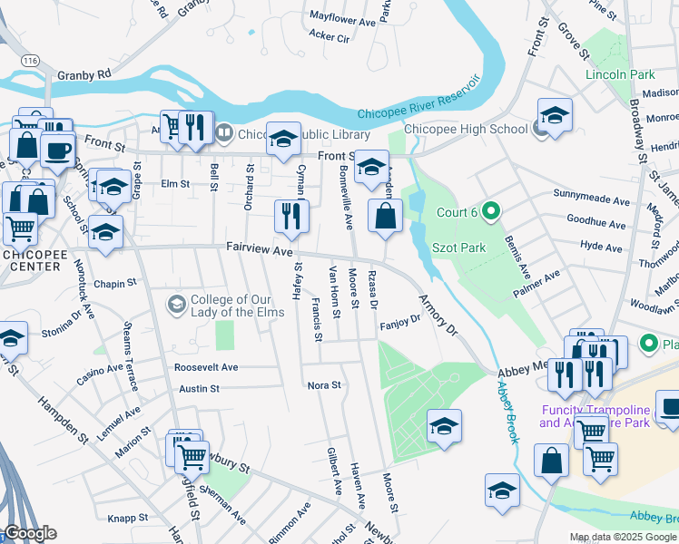 map of restaurants, bars, coffee shops, grocery stores, and more near 17 Van Horn Street in Chicopee
