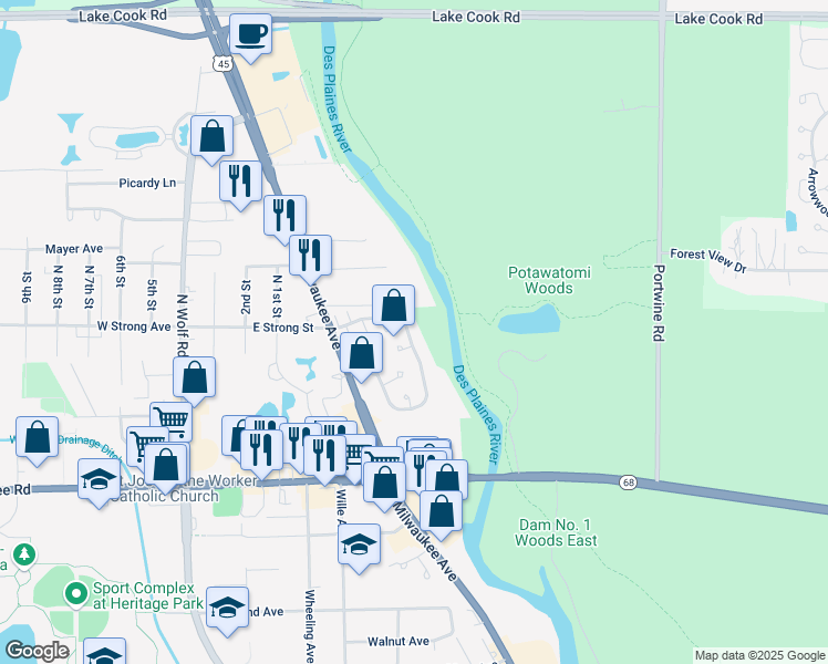 map of restaurants, bars, coffee shops, grocery stores, and more near 301 Oakwood Lane in Wheeling