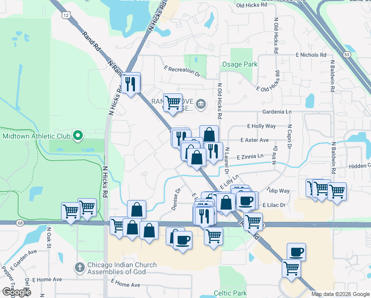 map of restaurants, bars, coffee shops, grocery stores, and more near 1918 North Rand Road in Palatine