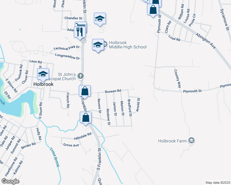map of restaurants, bars, coffee shops, grocery stores, and more near 37 Roseen Road in Holbrook