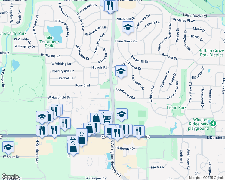 map of restaurants, bars, coffee shops, grocery stores, and more near 501 North Arlington Heights Road in Buffalo Grove