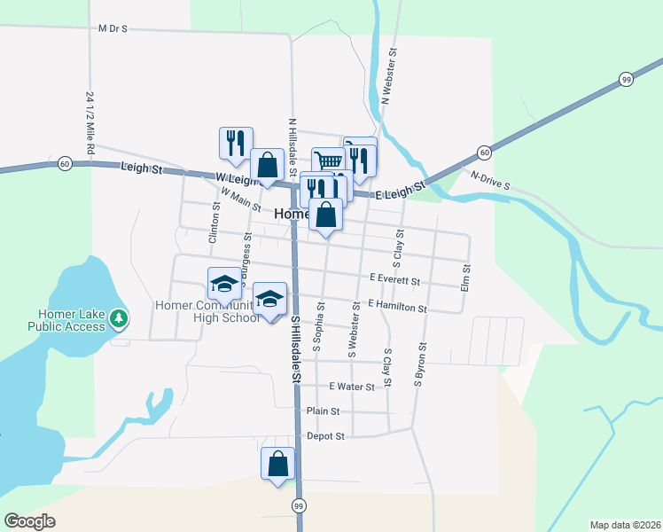 map of restaurants, bars, coffee shops, grocery stores, and more near 216 East Everett Street in Homer