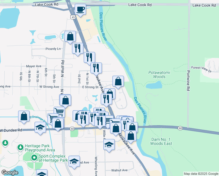 map of restaurants, bars, coffee shops, grocery stores, and more near 300 Kingswood Lane in Wheeling