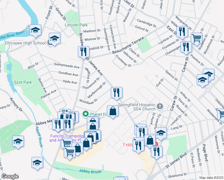 map of restaurants, bars, coffee shops, grocery stores, and more near 16 Woodlawn Street in Chicopee