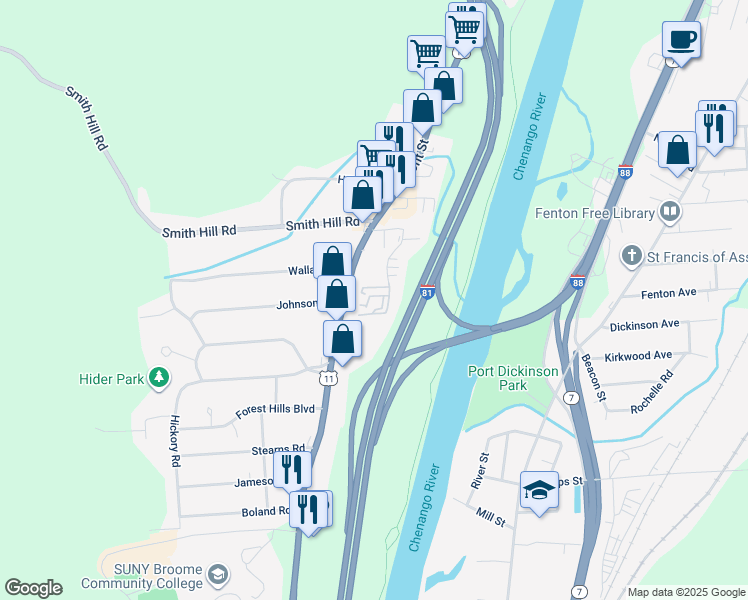 map of restaurants, bars, coffee shops, grocery stores, and more near 33 Prescott Road in Binghamton
