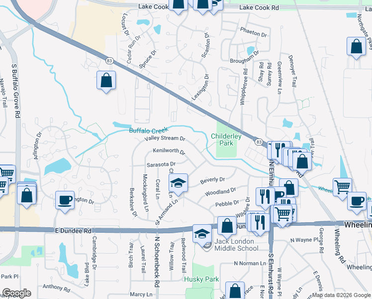 map of restaurants, bars, coffee shops, grocery stores, and more near 1041 Valley Stream Drive in Wheeling