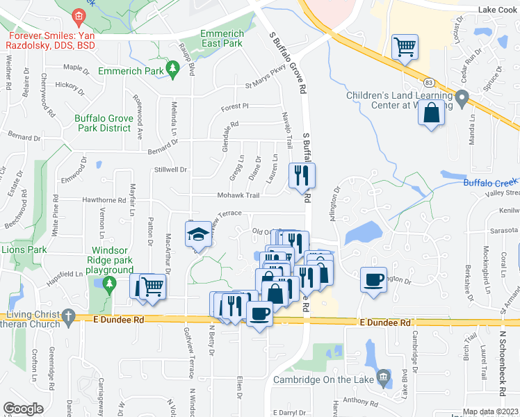 map of restaurants, bars, coffee shops, grocery stores, and more near 114 Golfview Terrace in Buffalo Grove