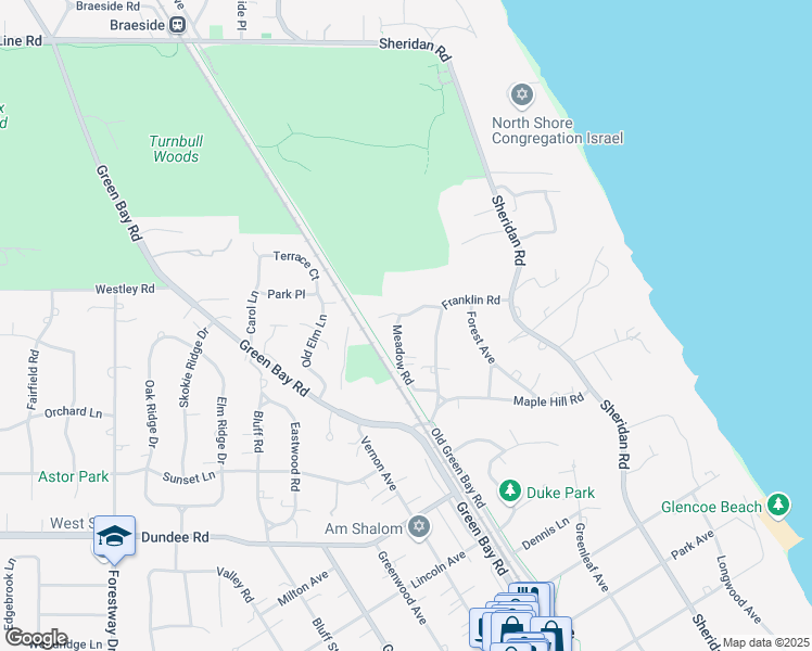 map of restaurants, bars, coffee shops, grocery stores, and more near 1063 Meadow Road in Glencoe