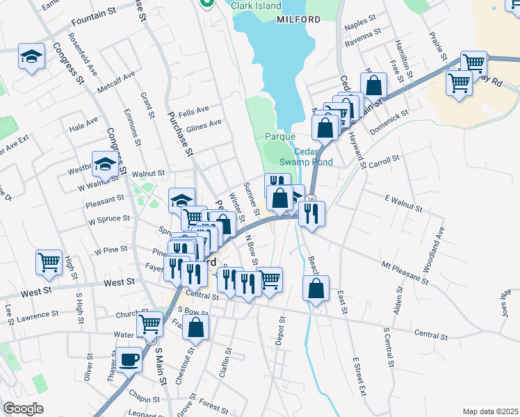 map of restaurants, bars, coffee shops, grocery stores, and more near 9 Sumner Street in Milford
