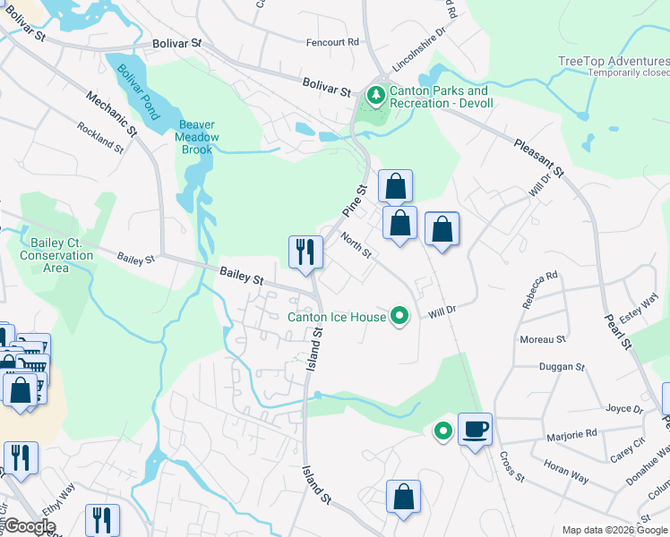map of restaurants, bars, coffee shops, grocery stores, and more near 290 Pine Street in Canton