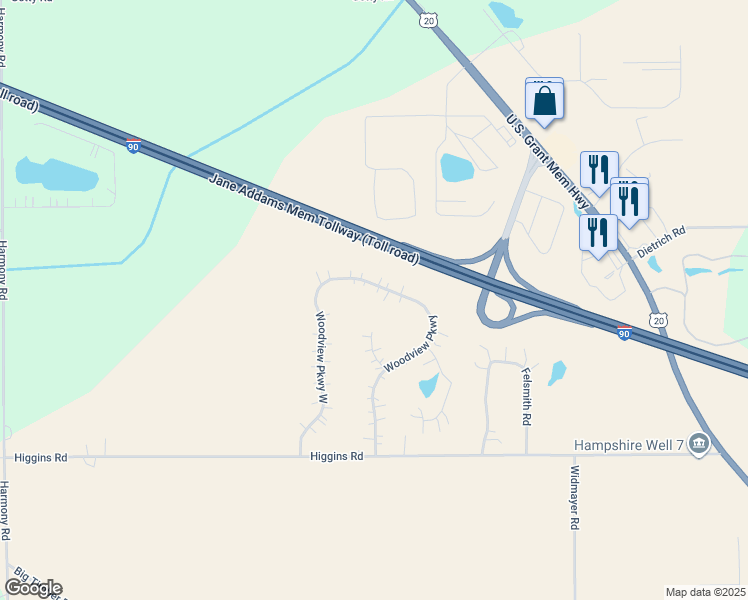 map of restaurants, bars, coffee shops, grocery stores, and more near 46W425 Woodview Pkwy in Hampshire