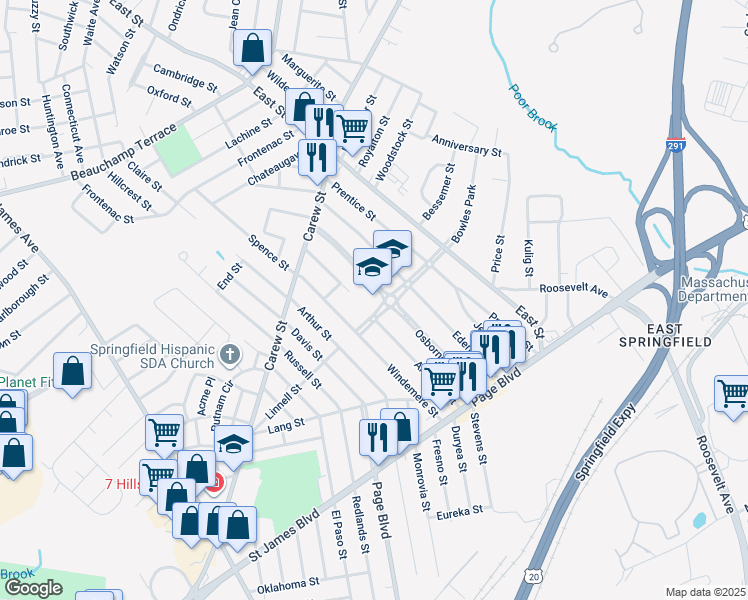 map of restaurants, bars, coffee shops, grocery stores, and more near 24 Bowles Park in Springfield