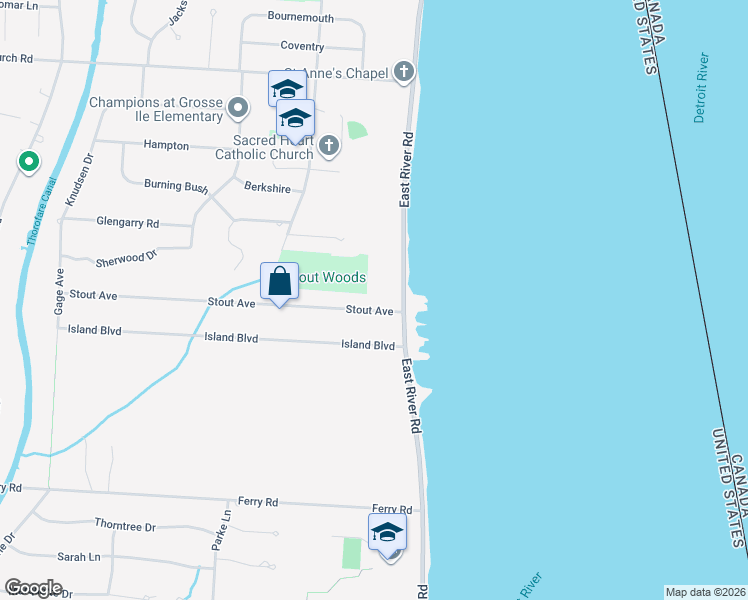 map of restaurants, bars, coffee shops, grocery stores, and more near 7630 Stout Avenue in Grosse Ile Township