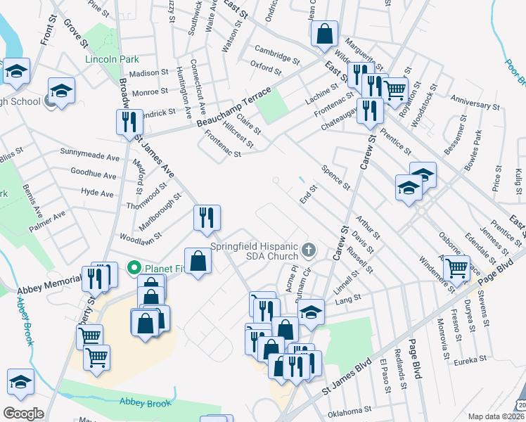 map of restaurants, bars, coffee shops, grocery stores, and more near 86 West Canton Circle in Springfield