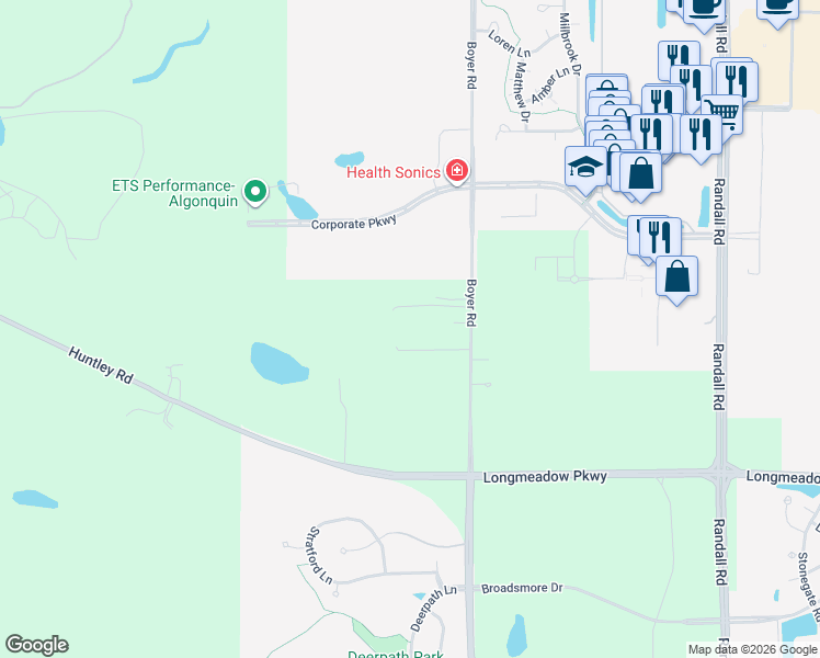 map of restaurants, bars, coffee shops, grocery stores, and more near 19N312 Boyer Road in Kane County
