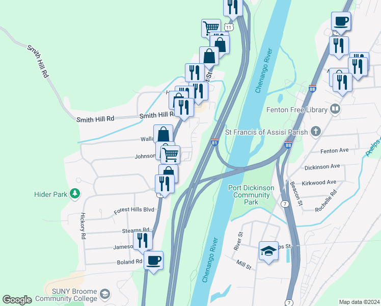 map of restaurants, bars, coffee shops, grocery stores, and more near 33 Prescott Road in Binghamton