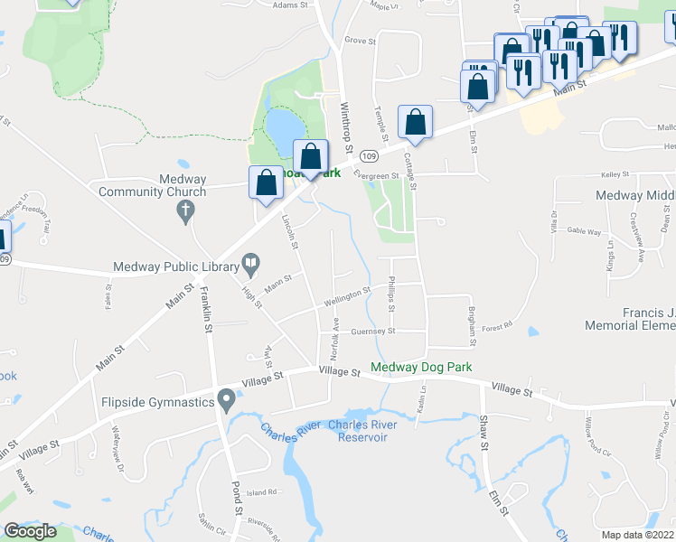 map of restaurants, bars, coffee shops, grocery stores, and more near 22 Norfolk Avenue in Medway
