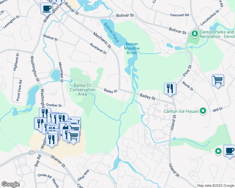 map of restaurants, bars, coffee shops, grocery stores, and more near 211 Bailey Street in Canton