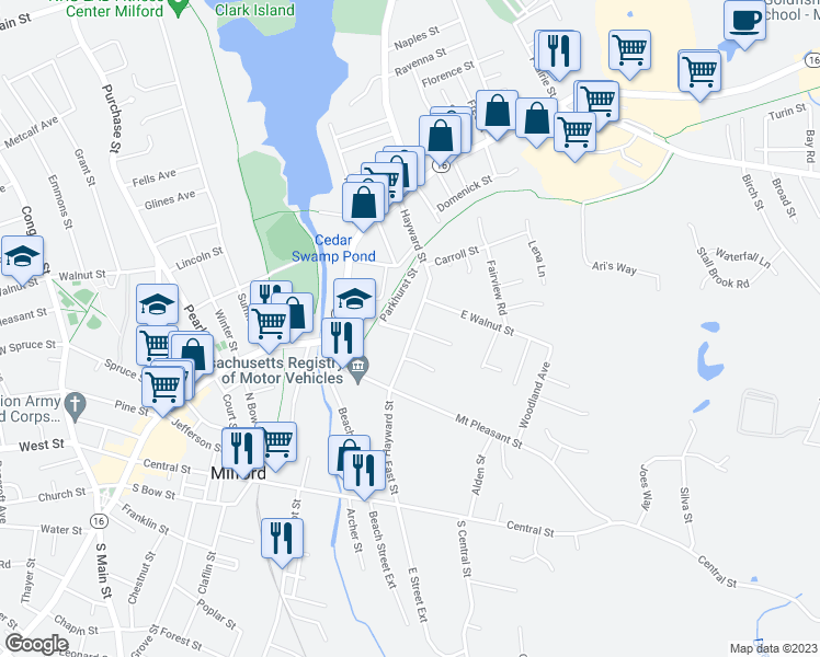 map of restaurants, bars, coffee shops, grocery stores, and more near 57 Hayward Street in Milford