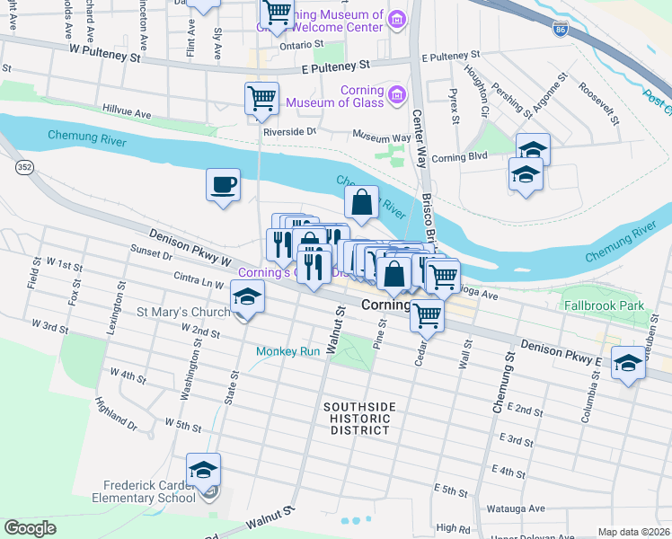 map of restaurants, bars, coffee shops, grocery stores, and more near 63 West Market Street in Corning