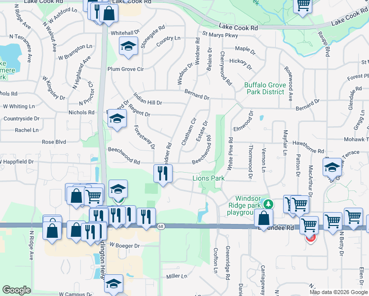 map of restaurants, bars, coffee shops, grocery stores, and more near 557 Chatham Circle in Buffalo Grove