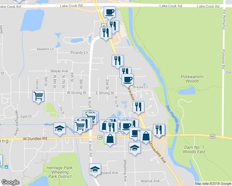 map of restaurants, bars, coffee shops, grocery stores, and more near North 1st Street in Wheeling