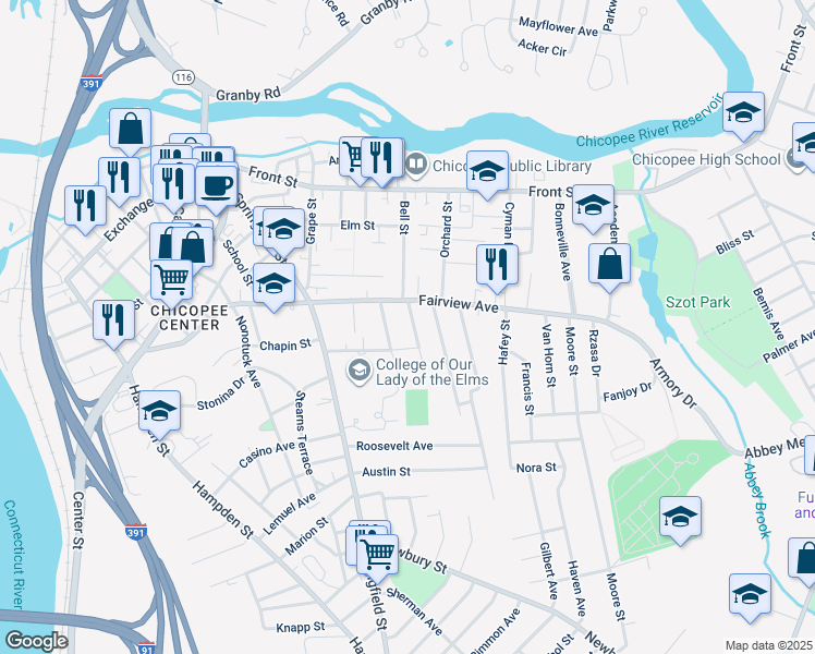 map of restaurants, bars, coffee shops, grocery stores, and more near 26 Dresser Avenue in Chicopee